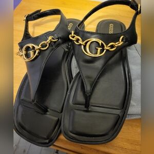 Guess Black and Gold Chain-Link Sandals